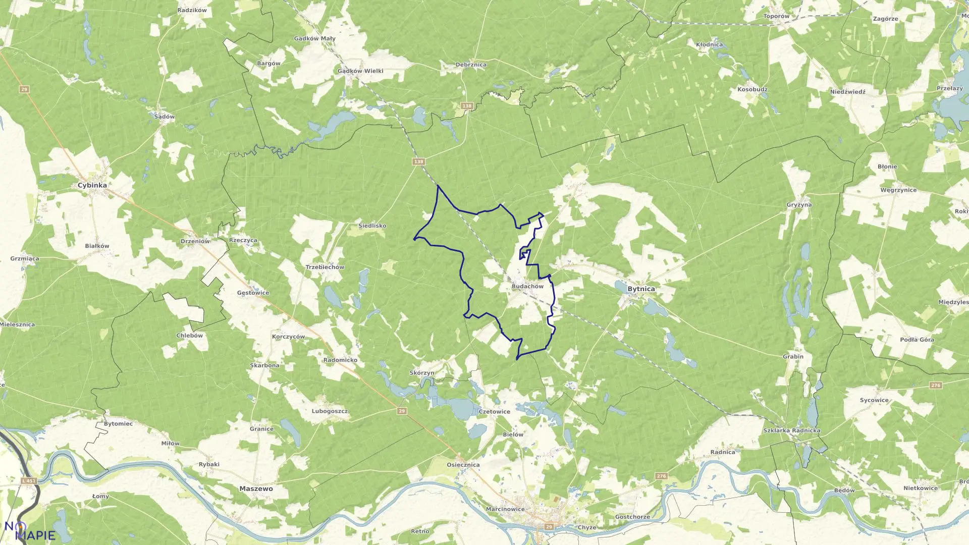 Mapa obrębu Budachów w gminie Bytnica